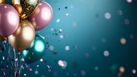 Colorful party balloons with confetti on blue bokeh background for birthday celebrations and festive events with copy space.