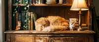 Ginger tabby cat resting on wooden cabinet shelf with books, lamp, and decorative plants in warm home interior setting.