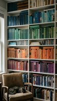 Cozy home library with color-coordinated books on white shelves and vintage armchair with sleeping cat creating warm reading nook atmosphere.