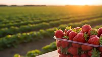 Fresh ripe strawberries in clear container at organic farm during golden hour sunset with green agricultural fields and warm sunlight creating peaceful rural scene.