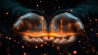 Young adult male with medium skin tone holding glowing digital cityscape in cupped hands, orange and blue light particles floating around, representing technology innovation and business growth for web and marketing use.