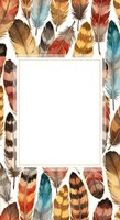Watercolor feathers in vibrant autumn tones frame a blank white center space, ideal for adding text, quotes, or custom designs on cards, invitations, and social media graphics.
