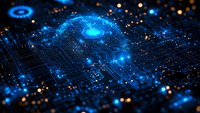Glowing blue circuit board pattern with digital connections and light effects creating futuristic technology landscape for cybersecurity and AI concepts.