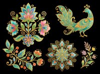 Ornamental peacock and floral motifs with intricate gold detailing, isolated on transparent background. Ready for t-shirt design, clipart, stickers, sublimation, and print-on-demand projects.