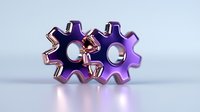 Metallic purple and rose gold gear wheels interconnected on light background with soft reflections and shadows, symbolizing teamwork and mechanical precision.