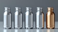 Small metallic bottles in row with four silver aluminum containers and one gold colored bottle on gray background, minimalist product packaging design.