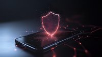 Glowing pink shield hologram floating above smartphone with digital network connections on dark background, cybersecurity concept for mobile protection.
