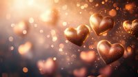 Romantic golden hearts floating in dark space with glowing bokeh lights and sparkles, creating magical Valentine's Day atmosphere. Soft focus dreamy background.