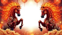 Two majestic fire horses with flowing flame manes rearing up symmetrically against bright golden light background with swirling clouds and mystical atmosphere.