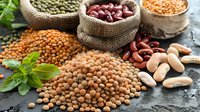 Assortment of raw legumes in burlap sacks and scattered on dark surface - lentils, chickpeas, beans, and peas with fresh basil leaves.