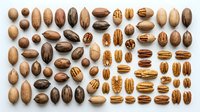 Flat lay arrangement of various nuts including almonds, pecans, and walnuts isolated on white background, suitable for food packaging, culinary design, and nutritional content.