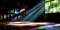 Colorful light beams streaming through window create rainbow reflections on wooden floor, with dark bookshelf silhouette in background creating moody atmospheric scene.