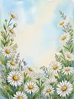 Watercolor daisy meadow border with lavender and bluebells on soft sky background, copy space for greeting cards and invitations.