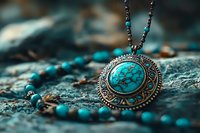 Vintage silver medallion necklace with turquoise stone and ornate ethnic design on textured stone surface, surrounded by scattered turquoise beads in moody lighting.