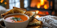 Warm tomato soup in ceramic bowl served with toasted bread slices and fresh herbs, cozy fireplace ambiance in background, comfort food for winter dining and recipe content.