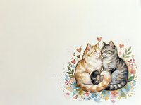 Two affectionate cats cuddling together surrounded by colorful flowers, hearts and botanical elements on isolated background. Suitable for greeting cards, pet-themed designs and children's illustrations.