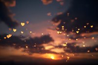 Romantic sunset sky with golden heart-shaped bokeh lights floating against dramatic orange and purple clouds for love and Valentine themes.