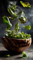 Fresh green lettuce leaves flying with water drops above wooden bowl on dark background, dynamic food levitation composition for restaurant menu.