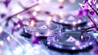 Magical purple water drops with glowing bokeh lights and delicate flower petals creating dreamy macro photography composition for wellness and spa designs.