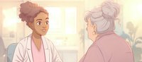 Female healthcare provider with curly hair consulting elderly patient in medical office with warm lighting and plant decor.