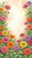 Watercolor zinnia garden border with vibrant pink, orange, yellow and purple blooms framing a soft pastel background with copy space.