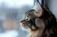 Gray and white longhaired cat gazing thoughtfully at raindrops on window glass during cloudy winter day, creating atmospheric mood with soft bokeh background.