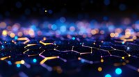 Glowing molecular structure network with connected nodes against dark background illuminated by colorful bokeh lights creating futuristic scientific atmosphere.