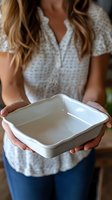 Young woman in casual attire holding empty white ceramic baking dish against blurred kitchen background, demonstrating cookware for food preparation and serving.