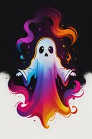 Playful ghost character with rainbow gradient colors and flowing ethereal effects against dark background, featuring expressive cartoon style and dynamic smoke-like elements.