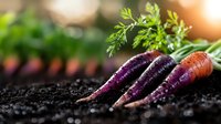 Fresh purple and orange carrots with green tops lying on dark soil, natural organic vegetables in garden setting with soft bokeh background.