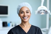 Confident African American female healthcare professional wearing surgical cap and scrubs smiles warmly in modern medical office setting with dental equipment.