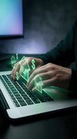 Hands typing on laptop with glowing green house icons and dollar signs floating above keyboard representing real estate investment technology.
