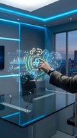 Businessman interacting with holographic digital interface displaying data analytics and network connections in modern office environment.