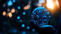 Glowing magical sphere with sparkling blue lights floating above palm at night, creating mystical atmosphere against blurred bokeh background.