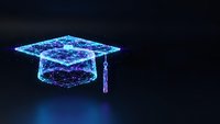 Futuristic digital graduation cap made of glowing blue particles and wireframe structure on dark background for education technology concepts.