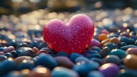 Red heart shape resting on colorful pebbles with warm bokeh lights creating romantic atmosphere for Valentine's Day and love concepts.