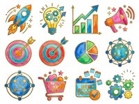 Startup business success icons with rocket, lightbulb, growth chart, megaphone, target, shopping cart, pie chart, gears and calendar isolated on white background for marketing and entrepreneurship design.