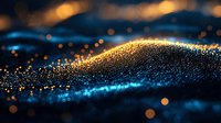 Abstract digital wave of golden and blue glowing particles creating futuristic landscape with bokeh effect, suitable for technology or innovation backgrounds.