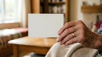 Senior man with brown skin holding blank white card in hands while sitting indoors, suitable for greeting cards, invitations, announcements, and messaging concepts.