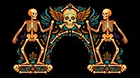 Ornate golden skeletons with jeweled skulls and decorative wings frame a central ornamental skull emblem on black background, suitable for gothic, Halloween, day of the dead designs and merchandise.