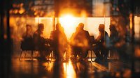 Business team meeting silhouettes against bright office windows at sunset, corporate collaboration and teamwork in modern workplace environment.