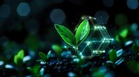 Glowing green leaves with digital hexagon network pattern on dark background, representing biotechnology and sustainable innovation in nature.