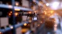 Flying drone with camera against blurred urban background at dusk, orange bokeh lights and glowing particles create atmospheric mood for aerial photography.