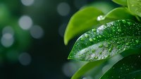 Fresh green leaves with morning dew drops against blurred natural bokeh background. Macro nature photography showing plant detail and water droplets in soft light.