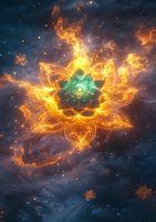 Mystical glowing lotus flower with fire petals floating in dark stormy sky surrounded by magical sparks and energy. Fantasy spiritual art for meditation practices.