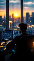 Financial trader working late at multiple monitors with stock market data against dramatic city sunset skyline, illuminated office view showcasing urban success.