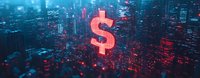 Glowing red dollar sign floating above futuristic night cityscape with neon lights and skyscrapers, representing digital finance and economic growth in modern world.