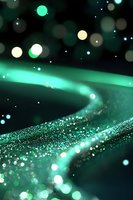 Magical emerald green glowing path with sparkling bokeh lights and floating particles against dark background creates dreamy atmospheric effect.