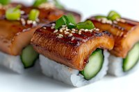 Grilled salmon nigiri sushi with cucumber, glazed with sweet soy sauce and garnished with sesame seeds and green onions on white plate, macro food photography.