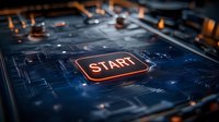 Glowing start button on futuristic circuit board with digital connections and electronic components, ideal for technology and innovation concepts.